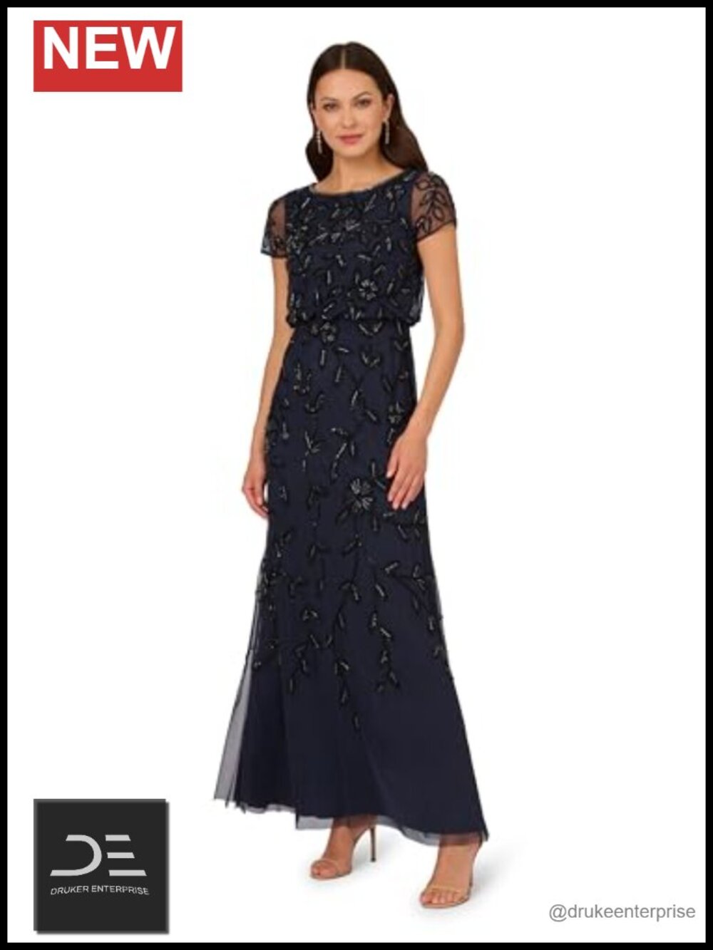 Beaded Blouson Long Formal Gown Sheer Short Sleeve Boat Neck Mesh